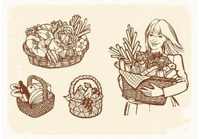 Vecteur libre dessiné vieux paniers avec de la nourriture