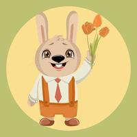 illustration pour enfants, joli lapin souriant dans une chemise avec une cravate et des tulipes à la main. carte de voeux bébé, clipart, illustration de dessin animé