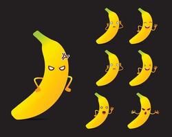collection d'icône de conception de personnage de dessin animé de banane fruit. expression différente heureuse, en colère et triste du vecteur de fruit de banane jaune.