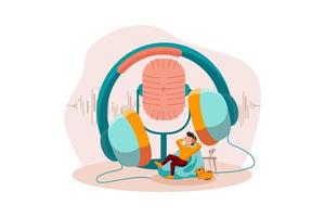 garçon écoutant un podcast tendance vecteur