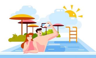 jeune couple fait selfie tout en s'amusant dans la piscine vecteur