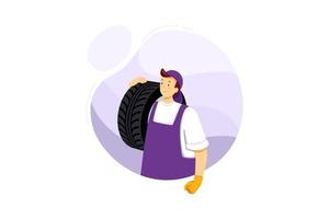 jeune mécanicien souriant tient un pneu de voiture à la station-service vecteur