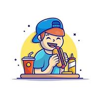 homme heureux tenant et mangeant un hot-dog avec des frites, du soda et de la moutarde illustration d'icône de vecteur de dessin animé. concept d'icône de nourriture de personnes isolé vecteur premium. style de dessin animé plat