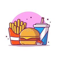 burger, frites et illustration d'icône de vecteur de dessin animé de boisson gazeuse. concept d'icône d'objet alimentaire isolé vecteur premium. style de dessin animé plat