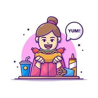 femme heureuse tenant et mangeant un hot-dog avec des frites, des sodas et une illustration d'icône vectorielle de dessin animé à la moutarde. concept d'icône de nourriture de personnes isolé vecteur premium. style de dessin animé plat