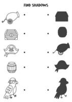 trouver les ombres correctes des éléments pirates en noir et blanc. puzzle logique pour les enfants. vecteur