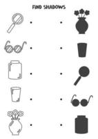 trouver les ombres correctes des objets en verre noir et blanc. puzzle logique pour les enfants. vecteur