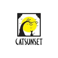 cadre avec arbre et chat coucher de soleil logo design vecteur symbole graphique icône illustration idée créative