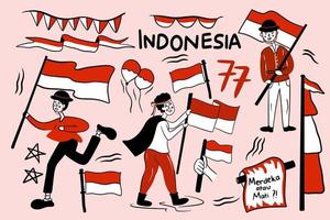 un ensemble de doodle dessiné à la main pour le jour de l'indépendance de l'indonésie vecteur