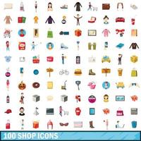 Ensemble de 100 icônes de magasin, style dessin animé