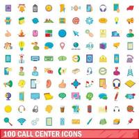Ensemble de 100 icônes de centre d'appels, style cartoon vecteur