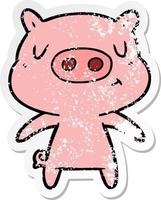 autocollant en détresse d'un cochon de contenu de dessin animé vecteur