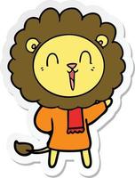 autocollant d'un dessin animé de lion riant dans des vêtements d'hiver vecteur