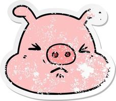 autocollant en détresse d'un visage de cochon en colère de dessin animé vecteur