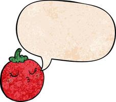 tomate de dessin animé et bulle de dialogue dans un style de texture rétro