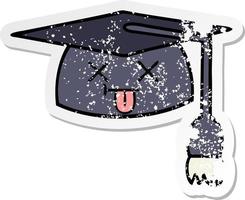 autocollant en détresse d'un chapeau de graduation de dessin animé mignon vecteur