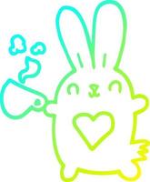 ligne de gradient froid dessinant un lapin de dessin animé mignon avec un coeur d'amour et une tasse de café vecteur