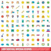 Ensemble de 100 icônes de médias sociaux, style cartoon vecteur