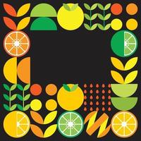 cadre vectoriel plat minimaliste en symbole d'agrumes. illustration géométrique simple d'oranges, de citrons, de limonade et de feuilles. dessin orange abstrait sur fond noir. bon pour les affiches ou les bannières.