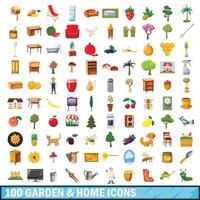 Ensemble de 100 icônes de jardin et de maison, style cartoon vecteur