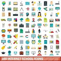 Ensemble de 100 icônes d'école internet, style plat vecteur