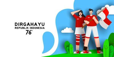 illustration de la fête de l'indépendance de l'indonésie 76 ans de liberté avec le respect des jeunes. papier art style indonésie fête de l'indépendance célébrant vecteur
