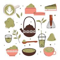 grand ensemble de différents produits de thé matcha dans le style de griffonnages. culture japonaise du thé. le matcha latte est une boisson saine. illustration de mode couleur vectorielle dessinée à la main. vecteur