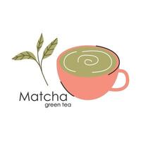 thé vert matcha. culture japonaise du thé. le matcha latte est une boisson saine.logo pour le thé matcha. illustration de mode couleur vecteur dessiné à la main.