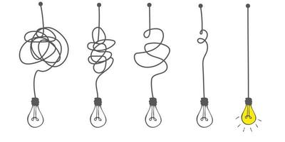 le moyen de résoudre une idée complexe. le concept de confusion se transformant en ampoule. clarté de pensée, remue-méninges. comprendre le sens. illustration vectorielle de griffonnage vecteur