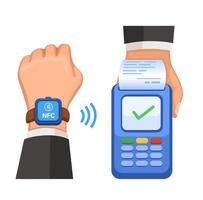 paiement nfc à l'aide de smartwach, symbole de la technologie bancaire mobile sans numéraire et sans contact vecteur d'illustration de dessin animé