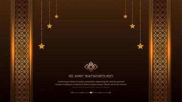 fond ornemental islamique de luxe sombre et doré bordure islamique et ornement décoratif d'étoiles suspendues avec motif arabe et ornement décoratif vecteur