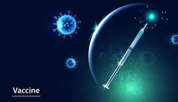 abstrait la découverte de nouveaux virus, bactéries, germes concept de vaccin préventif par seringue sur fond bleu. vecteur