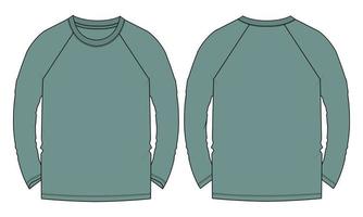 t-shirt à manches longues raglan mode technique croquis plat illustration vectorielle modèle de couleur verte vecteur