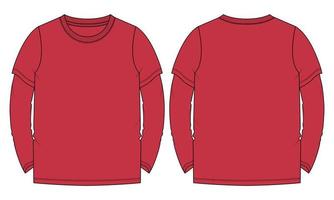 t shirt à manches longues mode technique croquis plat illustration vectorielle modèle de couleur rouge vecteur