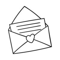 enveloppe ouverte avec une lettre. élément décoratif pour la saint valentin. un simple objet de conception de contour unique est dessiné à la main et isolé sur blanc. style doodle. illustration vectorielle noir et blanc. vecteur