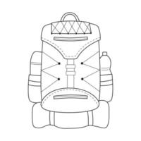 sac à dos touristique doodle avec thermos, bouteille et tapis de voyage. équipement pour la pêche, le tourisme, les voyages, le camping, la randonnée. contour illustration vectorielle noir et blanc isolé sur fond blanc. vecteur