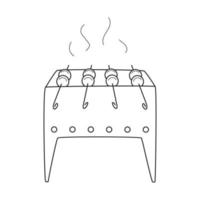 barbecue doodle avec des brochettes sur des brochettes. viande grillée sur braises. nourriture cuite lors d'un pique-nique, camping, randonnée, voyage. cuisine caucasienne. contour noir blanc vector illustration isolé sur blanc.