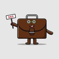 personnage de valise de dessin animé mignon tenant une pancarte de vente vecteur