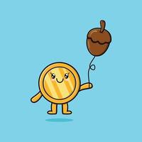 pièce d'or de dessin animé mignon flottant avec un ballon de gland vecteur