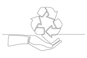 icône de recyclage de dessin continu d'une ligne sur la main. concept d'emballage écologique. illustration graphique vectorielle de dessin à une seule ligne. vecteur