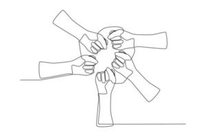 une ligne continue dessinant la main des gens joignant leur poing pour former un cercle. concept de la journée internationale de la jeunesse. illustration graphique vectorielle de dessin à une seule ligne. vecteur