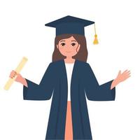 fille avec chapeau de graduation sur la tête tenant le diplôme, illustration de vecteur plat isolé sur fond blanc. heureuse diplômée, casquette.