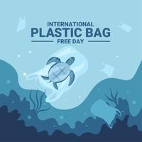 journée internationale sans sacs en plastique, dites non au plastique, sauvez la nature, sauvez l'océan, journée mondiale de l'océan, tortue de mer dans un sac en plastique, illustration vectorielle.