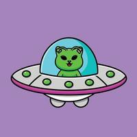 chat mignon extraterrestre chevauchant une illustration d'icône vectorielle de dessin animé ufo. concept d'icône de transport d'animaux isolé vecteur premium.