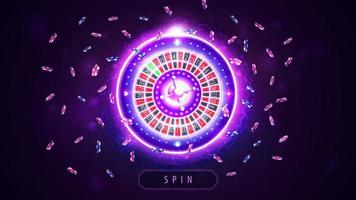 roue de roulette de casino néon rose brillant et jetons de poker dans le style hologramme, bannière avec bouton pour vos arts vecteur