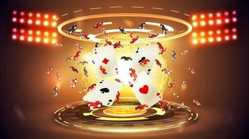 cartes à jouer de casino en or avec jetons de poker et hologramme d'anneaux numériques dans une scène vide orange avec des projecteurs vecteur
