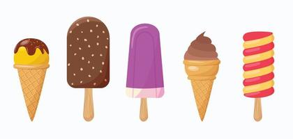 délicieux jeu de glaces colorées. crème glacée à collectionner et cornes de popsicle avec différentes garnitures isolées sur fond blanc. illustration vectorielle pour la conception web ou l'impression vecteur