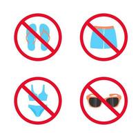 panneaux interdits pas de bikinis, pas de shorts, pas de pantoufles, pas de lunettes de soleil. ensemble de symboles interdisant le passage des personnes en tenue de plage. illustration vectorielle vecteur