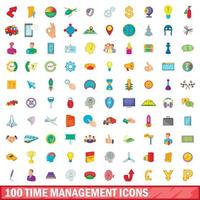 Ensemble de 100 icônes de gestion du temps, style cartoon vecteur