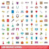 Ensemble de 100 icônes de musique, style cartoon vecteur